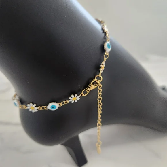 Stainless Steel White Blossom Evil Eye Gold Plated Floral Charm Anklet Bracelet - Picture 11 of 15